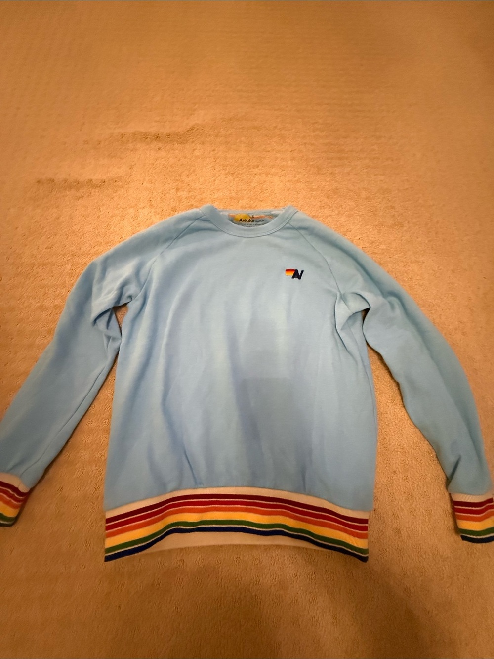 Aviator Nation Light Blue Crewneck and matching sweat pants with Rainbow Strip